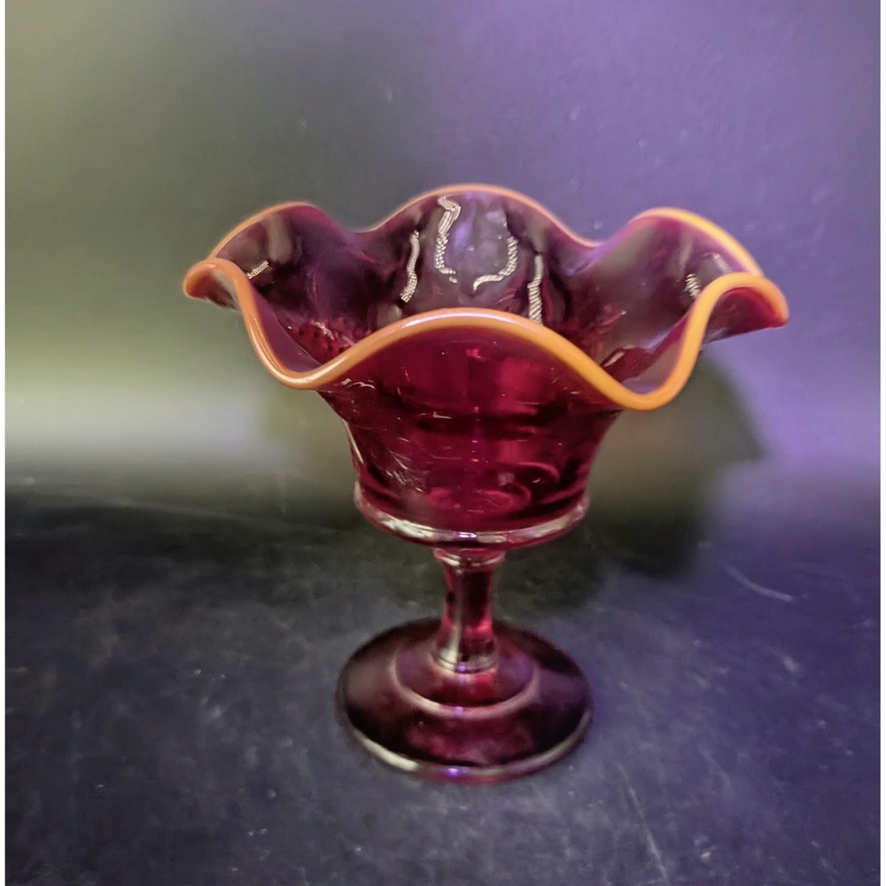 Ruby Red Glass Compote Ruffled Rim Grapevine Pattern Pedestal Candy Dish - Picture 2 of 9